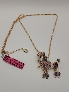 Betsey Johnson Gold-tone Pink & Purple Poodle Pendant Necklace 28" Chain